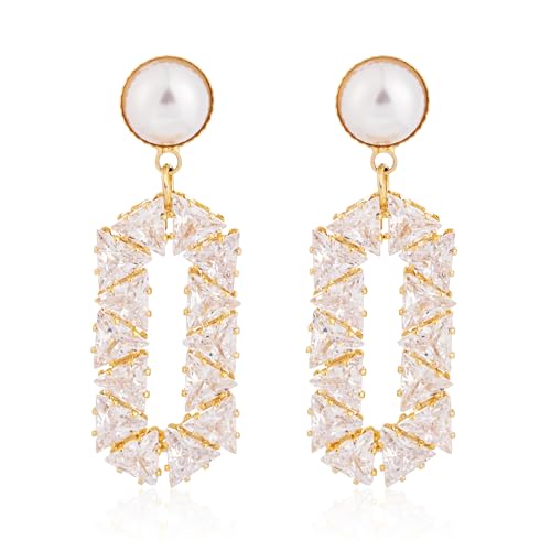 Statement Pearl Cubic Zirconia Drop Earrings for Women,Sterling Silver Post Sparkling Geometric Dangle Earrings for Wedding Party Everyday