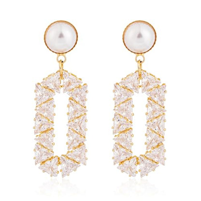 Statement Pearl Cubic Zirconia Drop Earrings for Women,Sterling Silver Post Sparkling Geometric Dangle Earrings for Wedding Party Everyday