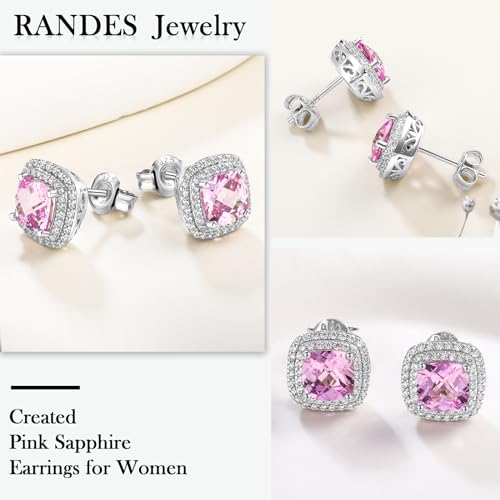 Dainty Birthstone Earrings for Women Sterling Silver Small Stud Earrings with Halo Cushion/Round Created Gemstone Earrings Birthstone Jewelry - style: A 10. Oct./created pink sapphire-cushion cut