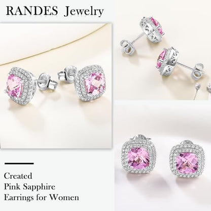 Dainty Birthstone Earrings for Women Sterling Silver Small Stud Earrings with Halo Cushion/Round Created Gemstone Earrings Birthstone Jewelry - style: A 10. Oct./created pink sapphire-cushion cut
