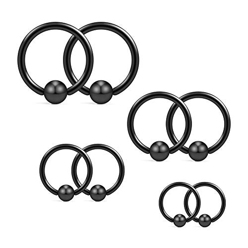 Ruifan 20G 16G 14G 12G Surgical Steel Captive Bead Nose Hoop Septum Earring Eyebrow Tongue Lip Nipple Helix Tragus Piercing Rings 8mm,10mm,12mm,14mm - color: 4PRS - Black