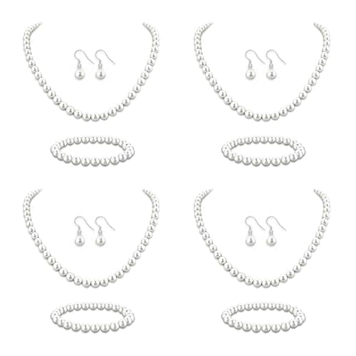12 Pcs Pearl Necklace Jewelry Sets for Women- 4 Sets Classic 8mm White Faux Pearl Necklace Earring and Bracelet Set - Beaded Necklaces Jewelry for Wedding Bridal Shower Gifts
