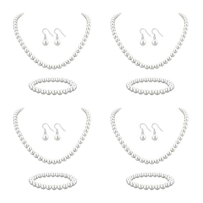 12 Pcs Pearl Necklace Jewelry Sets for Women- 4 Sets Classic 8mm White Faux Pearl Necklace Earring and Bracelet Set - Beaded Necklaces Jewelry for Wedding Bridal Shower Gifts