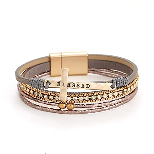 Bohemian Faux Leather Wrap Multi Layer Statement Bracelet Cross Christian Religious Leatherette Cuff Crystal Rhinestone Metallic Bead Inspirational Bracelets - color: I