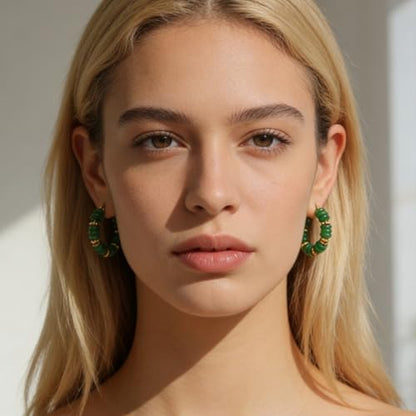 Wellike Beaded Hoop Earrings for Women Natural Stone Pink Gold Huggie Earrings Hypoallergenic Dainty Waterproof Trendy Jewelry - color: green, size: 30mm