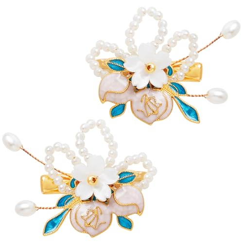 A Pair Wedding Hair Clips, Handmade Floral Design Crystal Hair Clips Pearl Barrettes, Rhinestones Flower Clips Pearl Headpieces Hair Pins Hair Accessories for Women Girls (White) - color: White