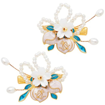 A Pair Wedding Hair Clips, Handmade Floral Design Crystal Hair Clips Pearl Barrettes, Rhinestones Flower Clips Pearl Headpieces Hair Pins Hair Accessories for Women Girls (White) - color: White