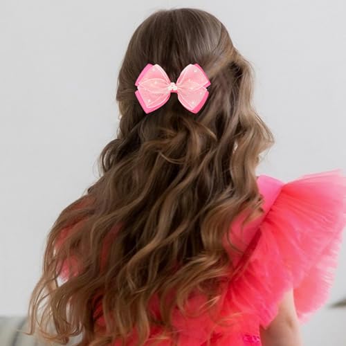 KISZU 4.5 Inch Flower Hair Bows Clips Mermaid Pearl HairPins for Girls Children Teens and Women - color: Hot Pink