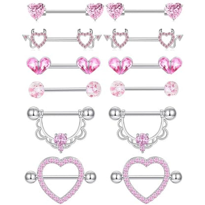 TIANCI FBYJS 6 Pairs Nipple Rings Stainless Steel Heart Butterfly Moon Flower CZ Stud Barbell Tongue Rings Set Cute Nipplerings Piercing Jewelry for Women Pink Tone - color: pink