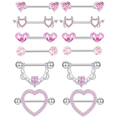 TIANCI FBYJS 6 Pairs Nipple Rings Stainless Steel Heart Butterfly Moon Flower CZ Stud Barbell Tongue Rings Set Cute Nipplerings Piercing Jewelry for Women Pink Tone - color: pink