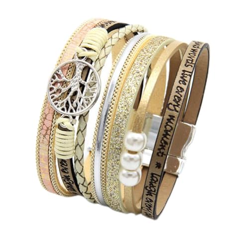 TGLS Women Tree of Life Leather Bracelets Multi-Layer Wraps Wristband Layered Wrap Bangle Cuff Bracelets for Friends Sisters Birthday Gifts - color: Yellow