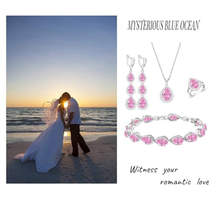LMXXVJ Necklace Long Earrings Bracelet Set, White Gold Plated Created Blue Sapphire Jewelry Set Wedding Party Gift Jewelry for Women Bridal Bridesmaid - color: White Gold-Pink Ring