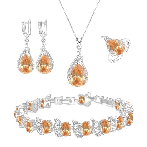 GZWHD Jewelry Set for Women CZ Earrings Necklace Ring Bracelet Set Prom Party Wedding Jewelry Gift for Mother Friend Wife - color: B-Champagne