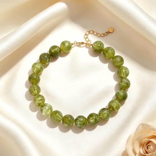 Chunky Necklaces for Women Trendy 20MM Large Resin Beaded Necklace Bold Statement Chunky Choker Necklace Boho Beads Summer Beach Jewelry - color: Olive Green