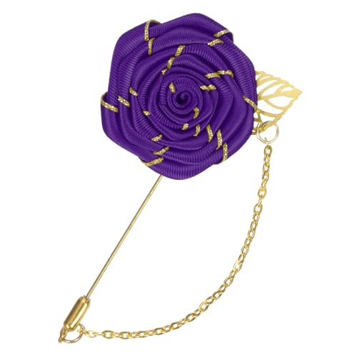 M METERXITY Rose Brooch Pin Cloth Rose Flower with Gold Leaf Brooch, Rose Flower Lapel Pin for Men Wedding Accessories/Suit Tuxedo Corsage Wedding Party Brooch - color: Dark Purple