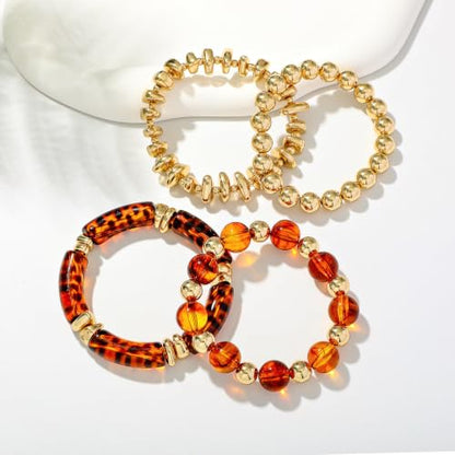 GOOJIDS Simple Beaded Gold Plated Bangles Bracelet Chunky Bamboo Tube Curved Stacking Clear Acrylic Colorful Beads Stretchable Gold Plated Bracelets Set For Women - color: T New Brown Beads Set