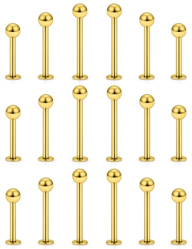 20G 18G 16G 14G 12G Lip Labret Medusa Monroe Rings Studs 316L Surgical Steel Flat Back Tragus Helix Cartilage Earring Stud Piercing Jewelry Bar Length 8mm 10mm 12mm Mix Color 18PCS - color: Gold, size: 12G(2.0mm)-8/10/12mm Bars-4mm 5mm Balls