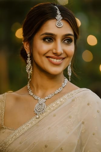 Touchstone Indian jewelry sets for women maang tikka wedding guest gold necklace bollywood jewellery set pageant elegant prom bride accessories western crystal chunky rhinestone necklaces - color: 7 Clear white in white plating