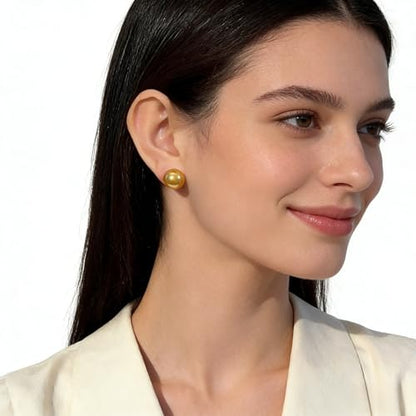 Gold & Brown Faux Pearl Stud Earrings, S925 Silver Posts Hypoallergenic for Women - color: Gold, size: 14mm