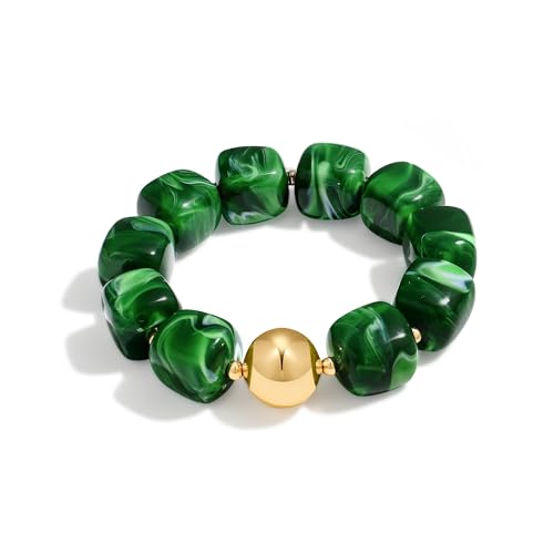 WOWORAMA Chunky Beaded Bracelets for Women Colorful Large Square Beads Bracelet Boho Acrylic Resin Stretch Bracelets Statement Chunky Bracelet Summer Jewelry - color: Square-Dark Green