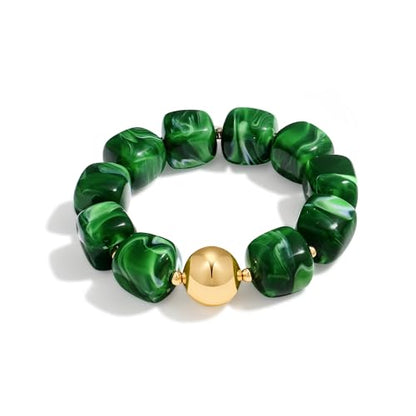 WOWORAMA Chunky Beaded Bracelets for Women Colorful Large Square Beads Bracelet Boho Acrylic Resin Stretch Bracelets Statement Chunky Bracelet Summer Jewelry - color: Square-Dark Green