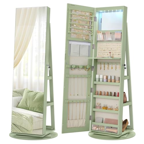 SONGMICS 6 LEDs Lockable Mirror Jewelry Cabinet, 360° Swivel Jewelry Organizer Armoire Standing, Frameless Full-Length Mirror, 3 Storage Shelves, Laurel Green Surface, Cream White Lining UJJC007C01 - color: Laurel Green + Cream White, size: 14.6" Mirror