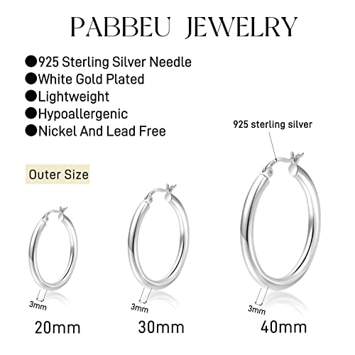 PABBEU 925 Sterling Silver Small Hoop Earrings Set for Women Hypoallergenic | 3Pairs Cubic Zirconia Small Huggie Hoop Earrings Set 13/15/20mm,Nickel-Free Lightweight Comfortable Sleeper Earrings Gift Set - color: T 20/30/40mm Silver
