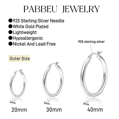 PABBEU 925 Sterling Silver Small Hoop Earrings Set for Women Hypoallergenic | 3Pairs Cubic Zirconia Small Huggie Hoop Earrings Set 13/15/20mm,Nickel-Free Lightweight Comfortable Sleeper Earrings Gift Set - color: T 20/30/40mm Silver