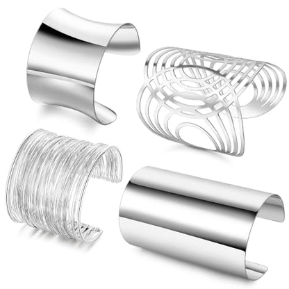 4PCS Chunky Cuff Bracelets Set for Women Hammered Chunky Bracelets Adjustable Open Wide Wire Bracelets Irregular Minimalist Coil Bangle Set Gold Silver Upper Arm Punk Jewelry - color: Silver A