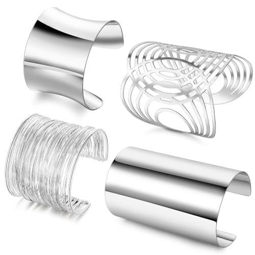 4PCS Chunky Cuff Bracelets Set for Women Hammered Chunky Bracelets Adjustable Open Wide Wire Bracelets Irregular Minimalist Coil Bangle Set Gold Silver Upper Arm Punk Jewelry - color: Silver A