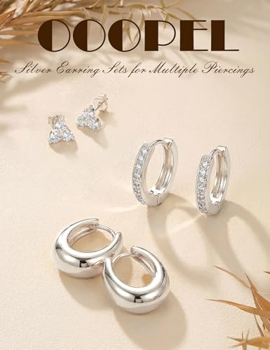 Small Gold Earring Stack Trendy 925 Sterling Silver Earrings for Women Hypoallergenic 14K Gold Plated Cubic Zirconia Stud Hoop Non Tarnish Huggie Hoop Earrings Set for Multiple Piercing Jewelry Gift - style: Silver: 2 Pairs of Hoops + 1 Pair of Studs