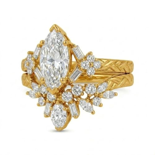 1-3CT Marquise Lab Grown Diamond Vintage Leaf Bridal Ring Set | IGI Lab Grown Diamond Art Deco Olive Leaf Stackable Ring Set, Wedding Gift for Bride Proposal Anniversary