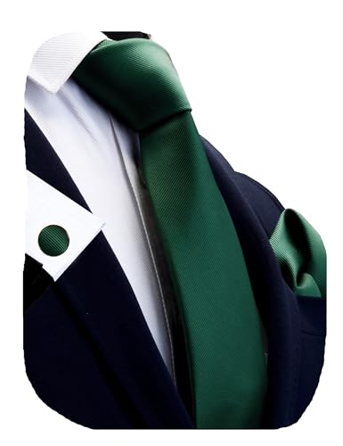 GUSLESON 3.15"（8cm） Solid Color Necktie and Pocket Square Cufflinks Sets For Men + Gift Box - color: Dark Green