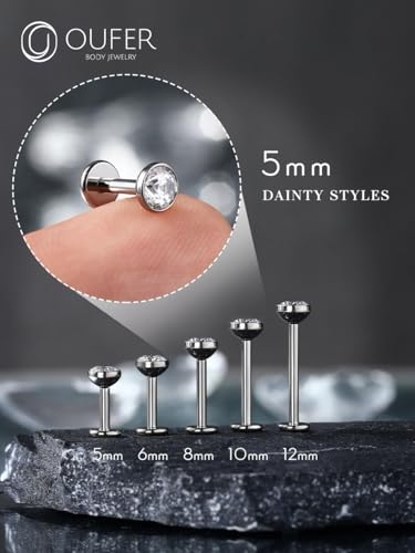 OUFER 2Pcs 20G/18G/16G G23 Titanium Threadless Nose Stud Earrings Flat Back Tiny CZ Small Nose Helix Cartilage Tragus Conch Labret Medusa Monroe Piercing Jewelry for Women Men - color: Silver, size: 2pcs, 16g 5mm, 4mm cz