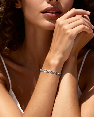 Stainless Steel Figaro Link Chain 7 Inches Silver Bracelet+18 Inches Necklace