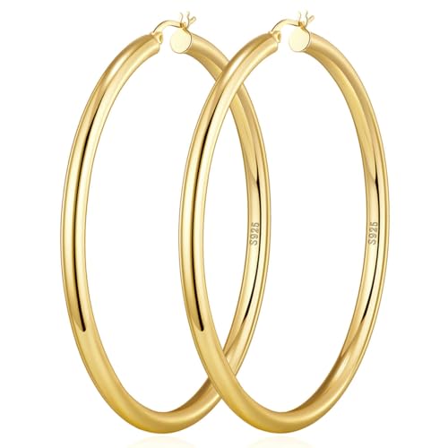 4mm Thick Gold Chunky Earrings Steling Silver Post Hoops Earrings For Women Hollow Tube Hoops Earrings Thick Gold Hoop Earrings Hypoallergenic Lightweight Gold Hoop Large Earrings 20/30/40/50/60MM - color: Gold,60mm