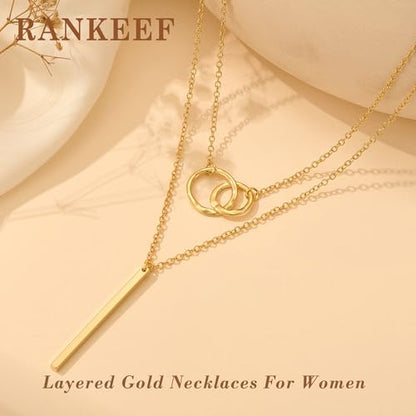 RANKEEF Layered Gold Necklaces For Women 14K Gold Plated Adjustable Pearl Round Piece Bar Layered Necklace Sleek Herringbone Chain Double Circle Layered Necklace Set Gold Layered Necklaces For Women