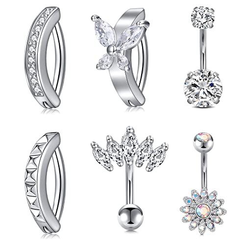 Anicina Belly Button Rings 14G Diamond CZ Belly Rings Surgical Stainless Steel Navel Rings Butterfly Heart Devil Belly Button Piercing Jewelry for Women - color: SetB-silver04