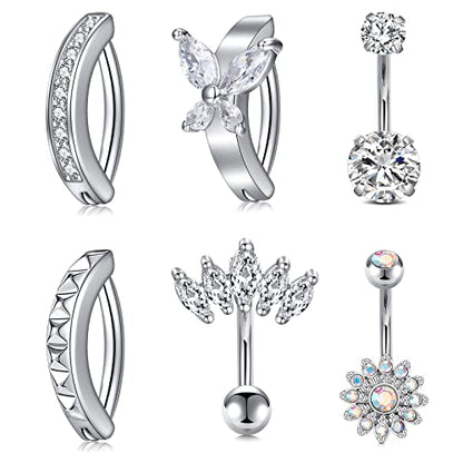 Anicina Belly Button Rings 14G Diamond CZ Belly Rings Surgical Stainless Steel Navel Rings Butterfly Heart Devil Belly Button Piercing Jewelry for Women - color: SetB-silver04