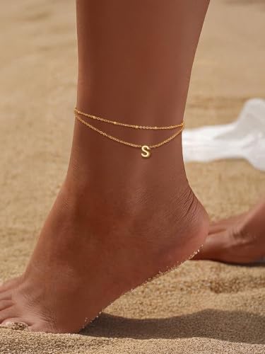 FaithHeart Initial Ankle Bracelets for Women, Waterproof 14k Gold Plated Initial Anklets Non Tarnish Stainless Steel Cute Layered Anklet Summer Beach Jewelry - color: Gold, size: Initial S