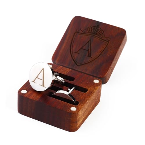 Mens Initial Silver Cufflinks A-Z Alphabet Letter Steel Cuff Links with Engraved Walnut Wood Box Groom Groomsman Wedding Set… - style: Classic-A