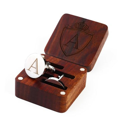 Mens Initial Silver Cufflinks A-Z Alphabet Letter Steel Cuff Links with Engraved Walnut Wood Box Groom Groomsman Wedding Set… - style: Classic-A