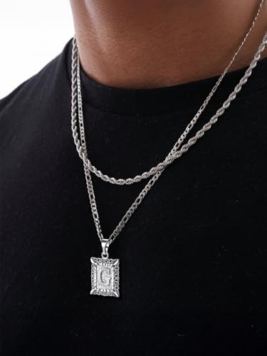 U7 Initial Letter Necklace for Men Women, 14K Gold/Silver Plated Square Capital Monogram Pendant Necklace from A-Z with 22+2 Inch Figaro Chain, Personalized Jewelry for Him - color: Silver, style: G