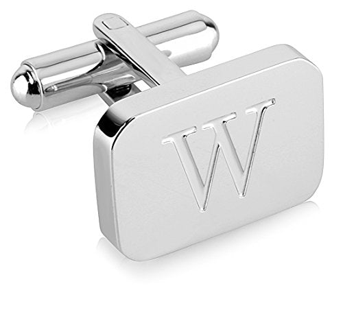 18K White-Gold Plated Initial Engraved Stainless Steel Men’s Cufflinks With Gift Box -Personalized Alphabet Letter’s A-Z By Lux & Pair - style: W- White Gold
