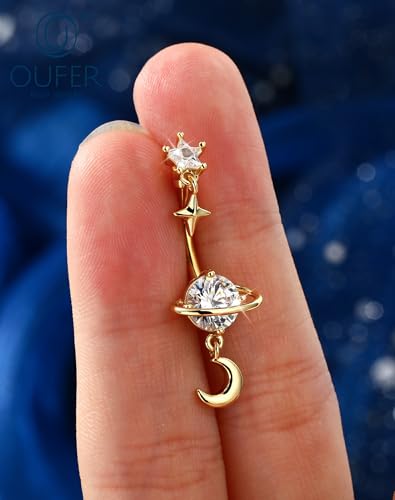 OUFER 14G Star Moon Planet Silver Gold Dangle Belly Button Rings 316L Surgical Stainless Steel CZ Belly Piercing Jewelry 10mm Navel Rings for Women - color: Gold