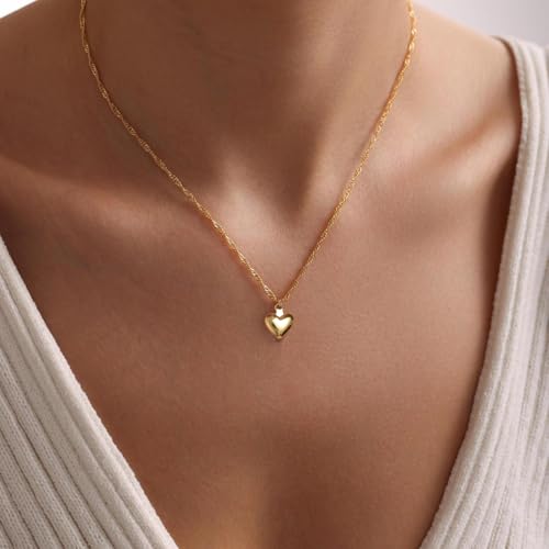 Gold Silver Necklace for Women, Dainty Cubic Zirconia Pendant | Teardrop CZ Charm, 14K Gold/Sterling Silver Plated, Adjustable Chain, Hypoallergenic & Waterproof Jewelry, Cute Trendy Gift - color: Gold-Puffy heart/wave chain