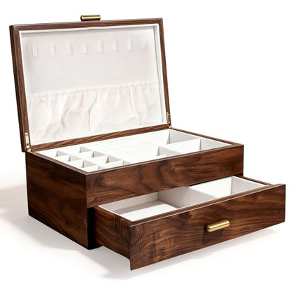 High-end Solid Wood Jewelry Storage Box Ladies Retro Wooden Necklace Jewelry Bracelet Watch Display Box Handmade Wedding Birthday Anniversary Jewelry Collection Box(Double Layer) - size: double layer