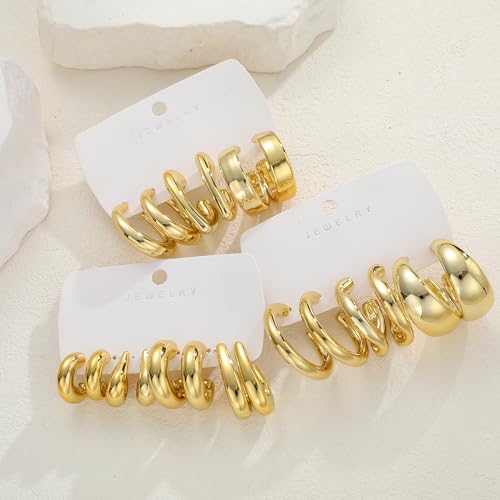 12 Pairs Chunky Gold Hoop Earrings for Women Trendy, Gold Plated Lightweight Hypoallergenic Stack, Thick Open Twisted Huggie Hoops Earring Set - color: 10 Pairs Gold Dainty