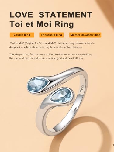 Bestyle Silver Birthstone Ring for Women, Dainty Sterling Silver Teardrop Ring Open Adjustable Band Ring, Love Statement TOI et Moi Ring Promise Ring for Her - color: 03.March( Aquamarine)