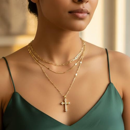Gold Layered Necklaces for Women, 14K Gold Plated Paperclip Snake Chain Necklace Set, Dainty Coin Cross Tear Pendant Layering Choker Necklaces, Simple Trendy Stackable Jewelry Gifts - color: 3PCS / Cross & Chain& Chain